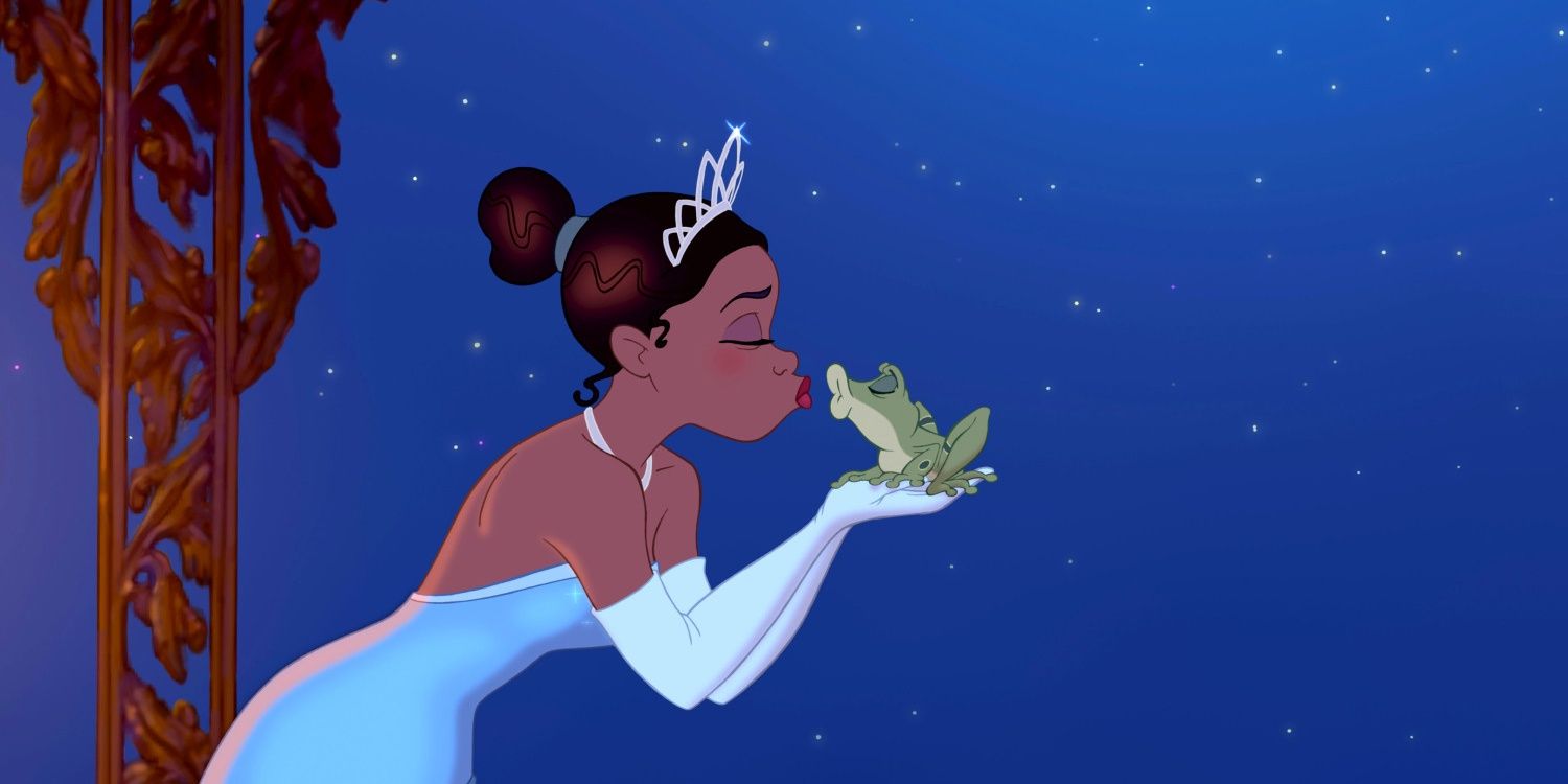 Tiana kissing the frog prince in Disney's The Princess and the Frog