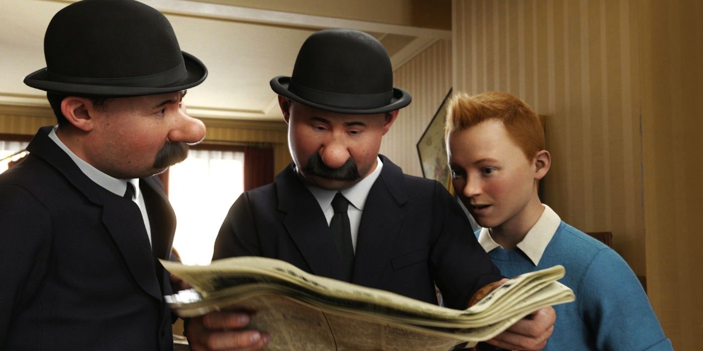 Tintin, Thomson and Thompson looking at a newspaper in The Adventures of Tintin