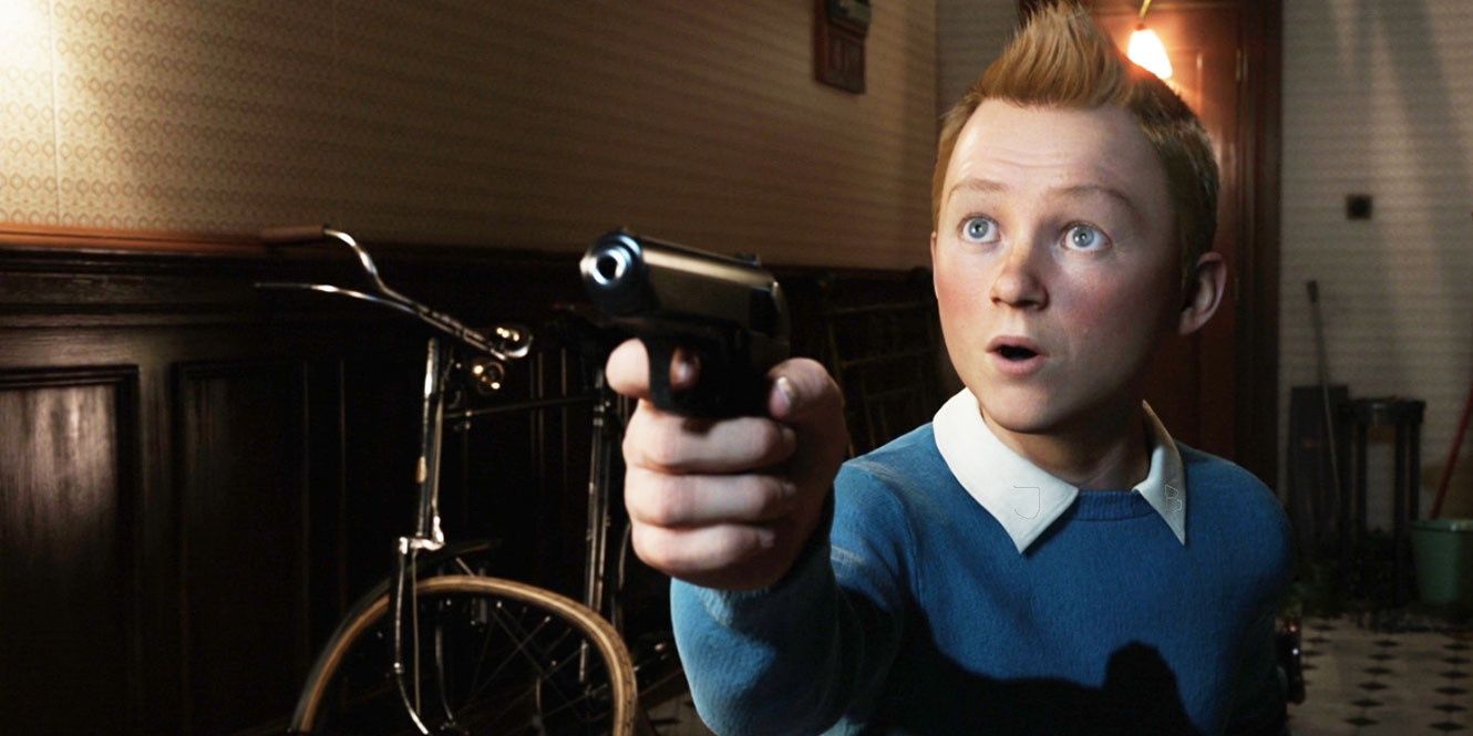 Tintin pointing a gun in The Adventures of Tintin