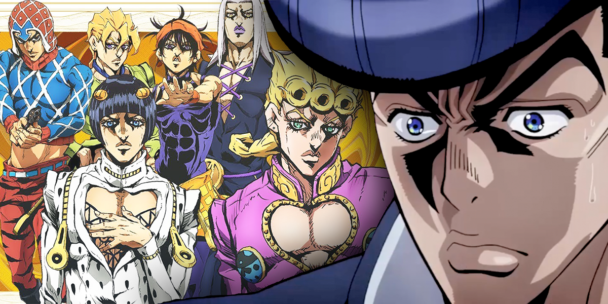 A split image of the Bucciarati Gang and Josuke Higashikata from JoJo's Bizarre Adventure