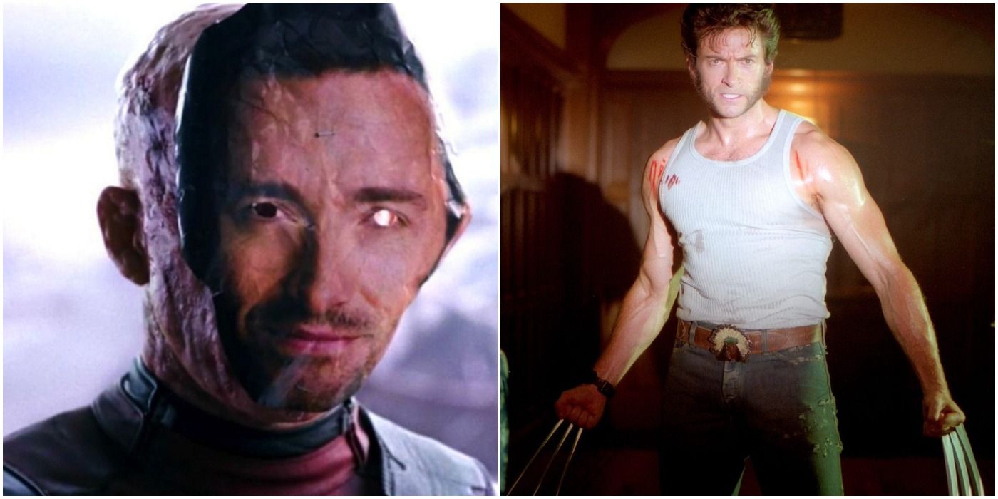 a photo collage of deadpool with a hugh jackman mask, and hugh jackman as wolverine