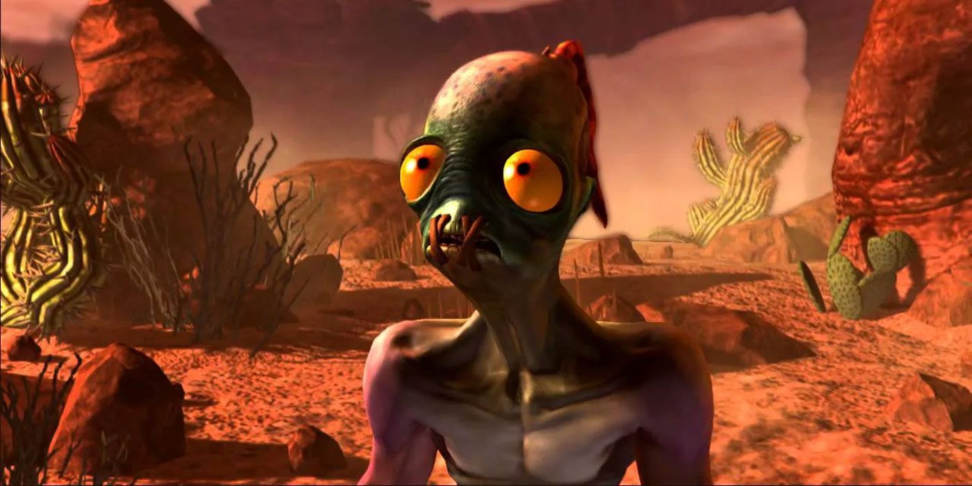 Abe from Abe's Oddysey looking up in desert