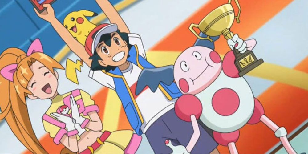 Mr. Mime and Ash Ketchum holding Pokemon torphies