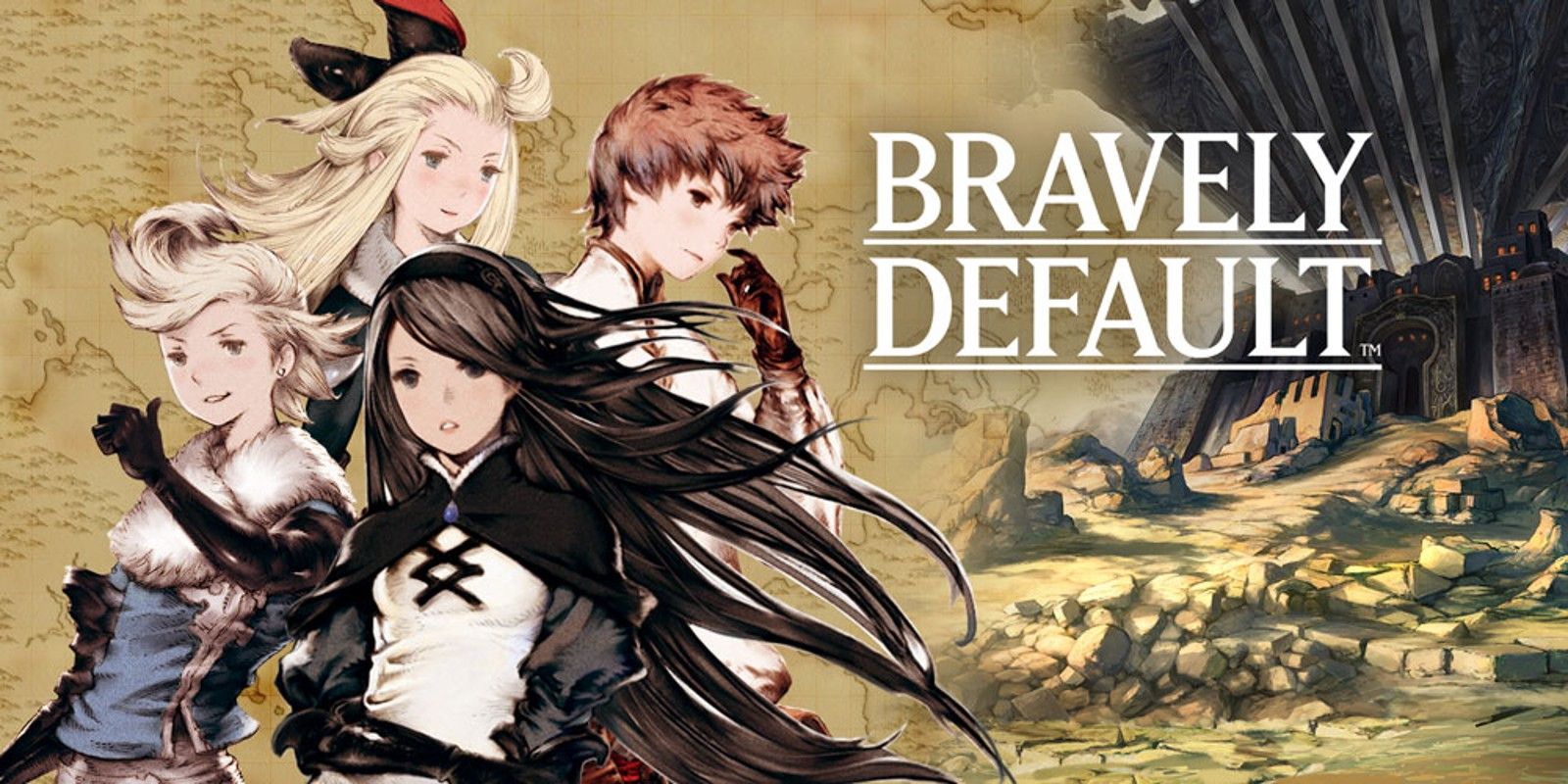 Bravely Default key art featuring the main cast of four characters.