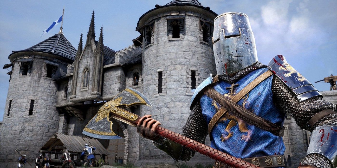 A knight with an axe standing in from of a castle