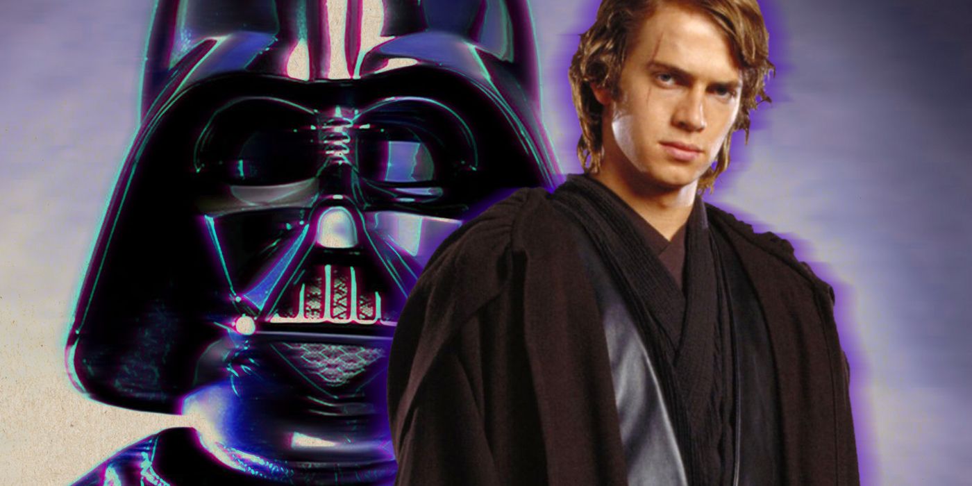 Anakin Skywalker standing in front of Darth Vader.