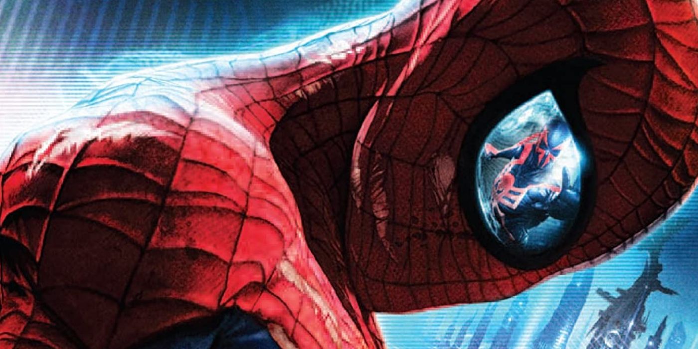 Peter Parker with the reflection of Spider-Man 2099 in his lenses in Spider-Man: Edge Of Time