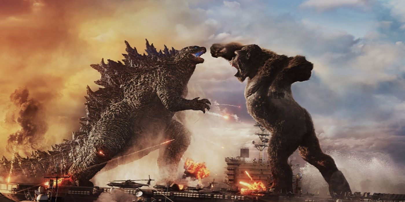 Godzilla and Kong fighting each other