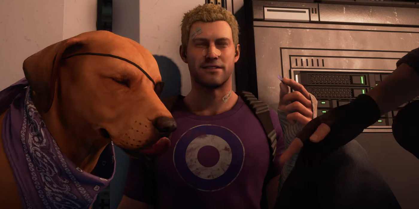 Hawkeye and Lucky the Pizza Dog from Marvels Avengers