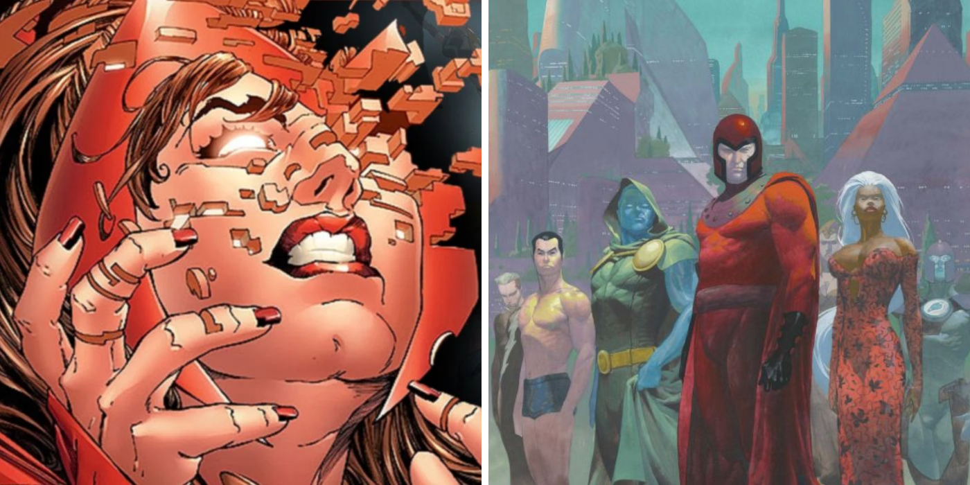 A split image of Scarlet Witch and Quicksilver, Namor, Doctor Doom, Magneto, and Storm from Marvel Comics' House Of M