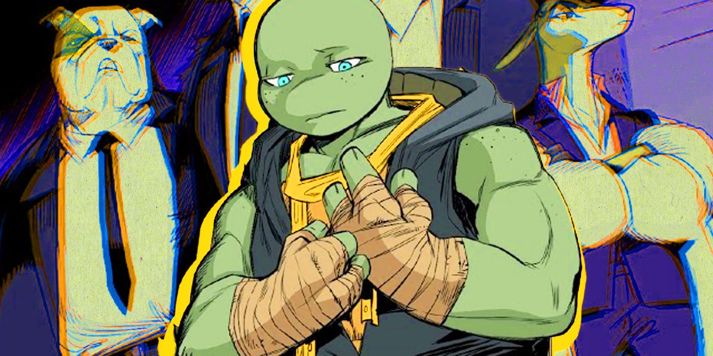 A composite image of Jennika from the Teenage Mutant Ninja Turtles looking sad while putting her fist bandages, Lucia Rosseti, and one of her minions
