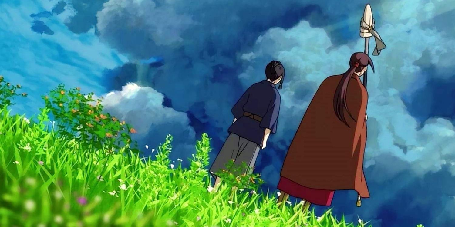 Main characters of Moribito standing in a field with their backs to the viewers.