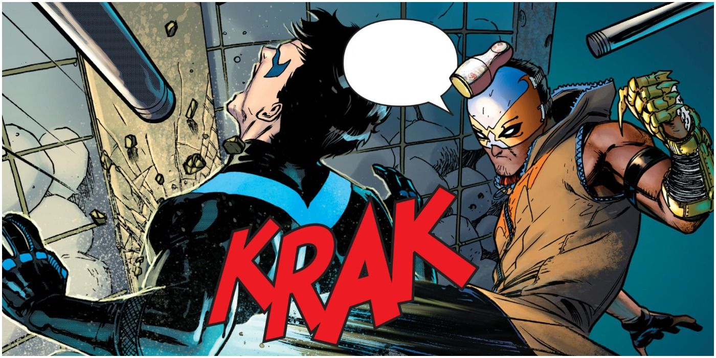 Comic panel of Raptor kneeing Nightwing in the back