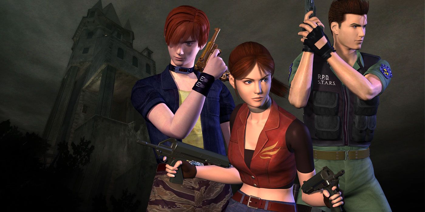 Three characters holding guns in Resident Evil: Code Veronica.
