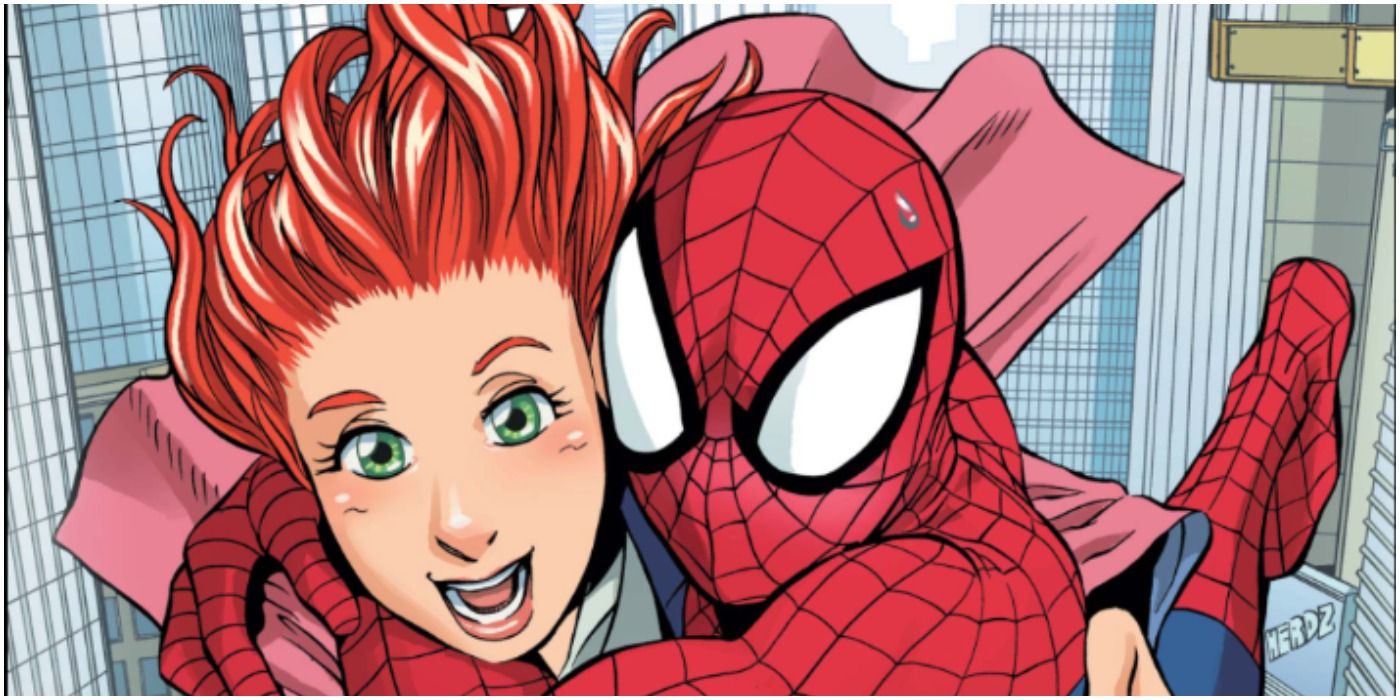 Spider-Man swings through the city with Mary Jane in his arms.