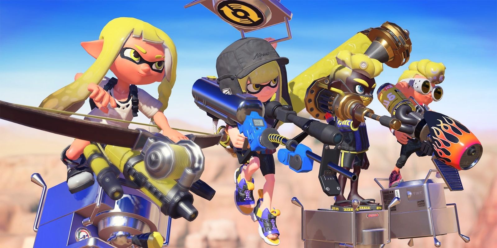Splatoon 3 characters with different weapons.