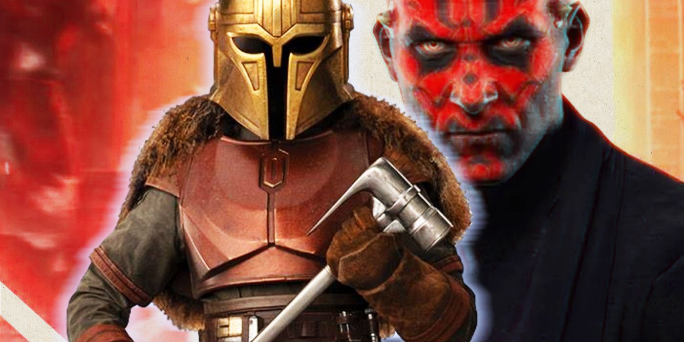 The Armorer from The Mandalorian in front of an image of Darth Maul