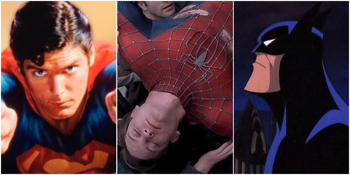 a photo collage of christopher reeve as superman, tobey maguire as spider-man, and animated batman (played by kevin conroy)