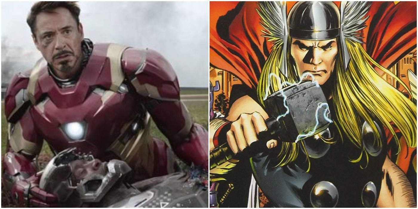a collage of live-action iron man and war machine, and comics thor