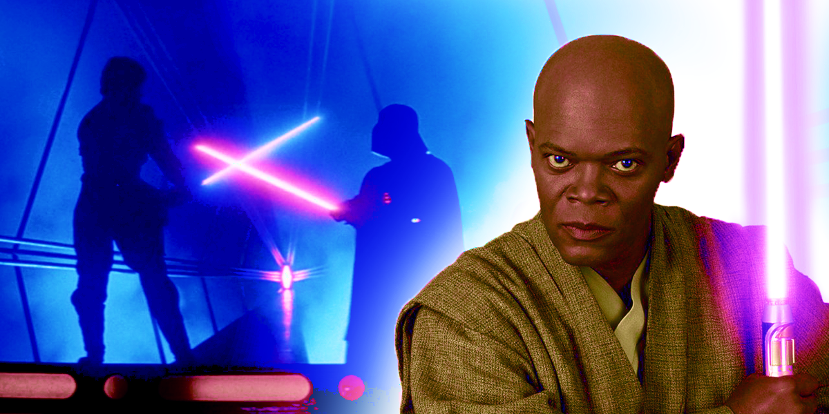 Star Wars lightsaber duel and Mace Windu split image