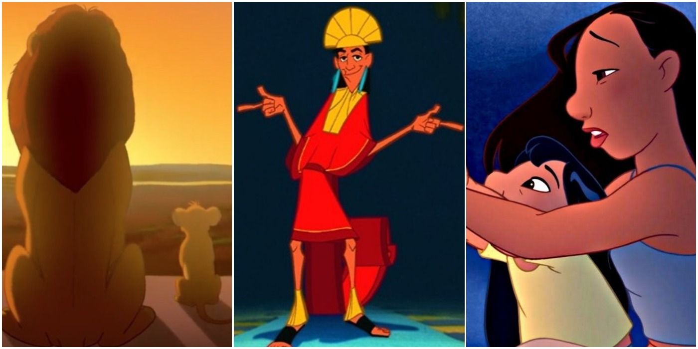 a photo collage of mufasa and simba from the lion king, kuzco from the emperor's new groove, and lilo and nani from lilo and stitch