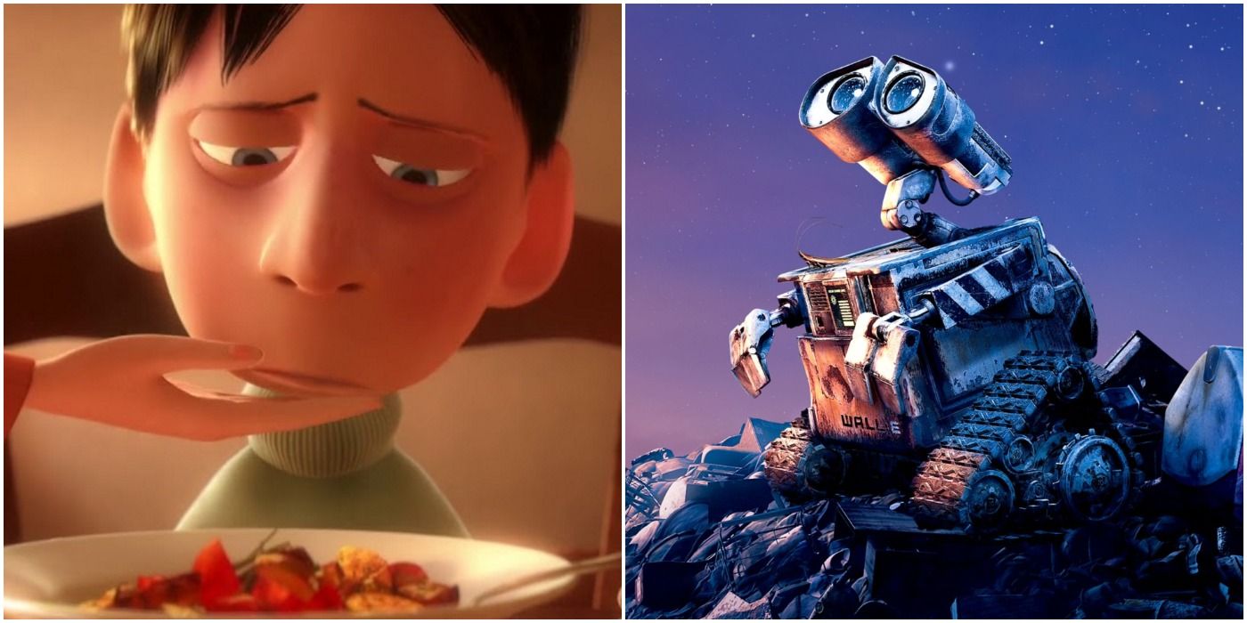 a photo collage of young anton ego in ratatouille and wall-e in wall-e