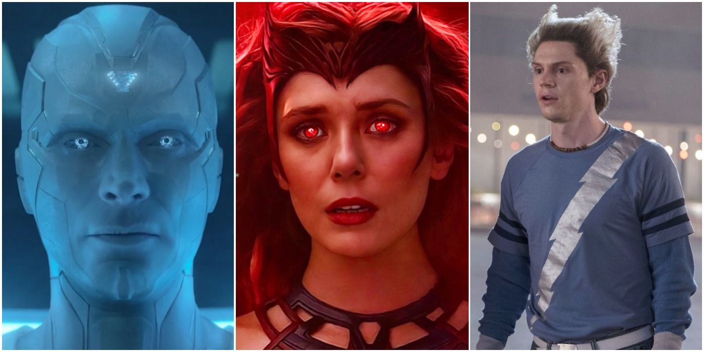 a photo collage of white vision, the scarlet witch, and evan peters as fake pietro on halloween