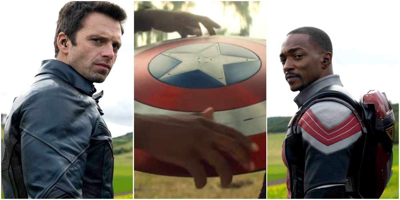 a collage of the winter soldier, captain america's shield, and the falcon (in that order)