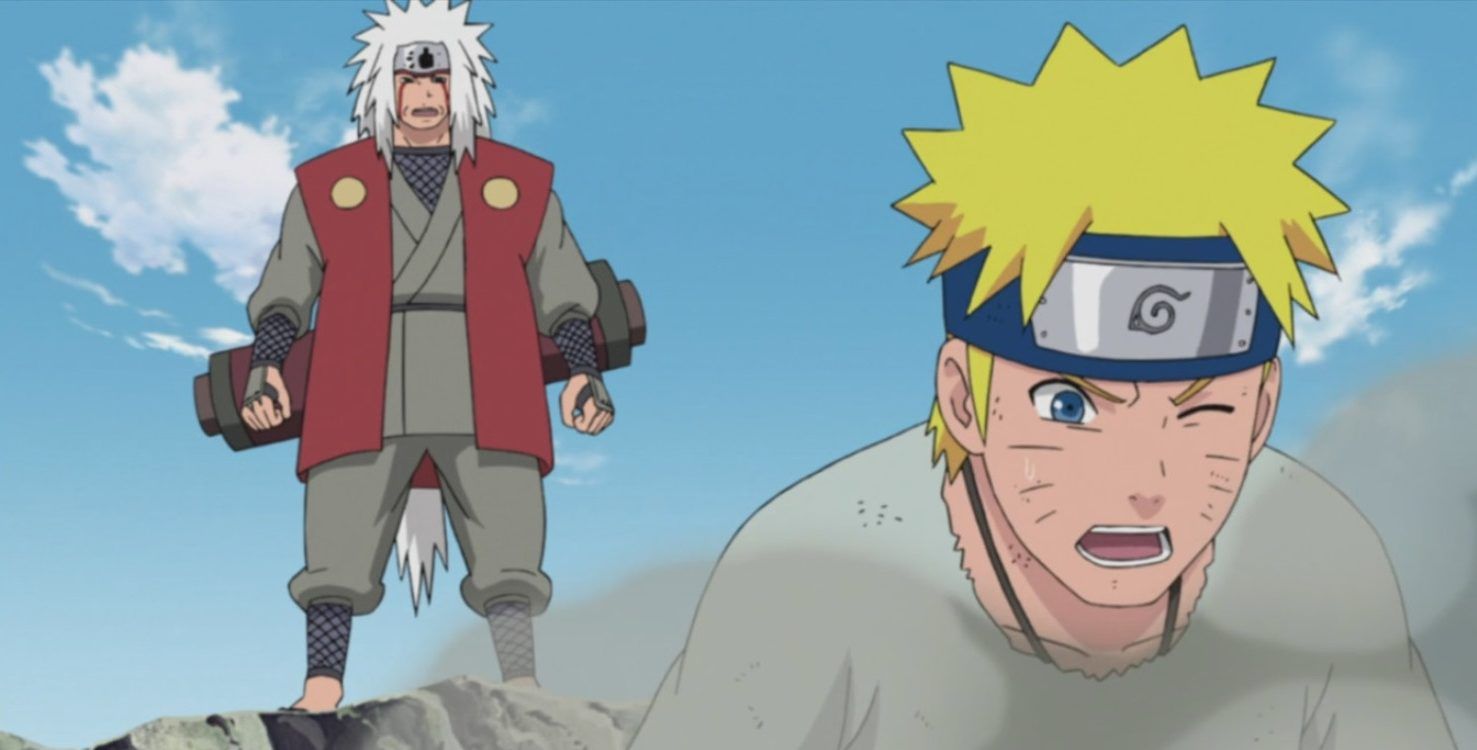 Jiraiya trains Naruto in the dirt