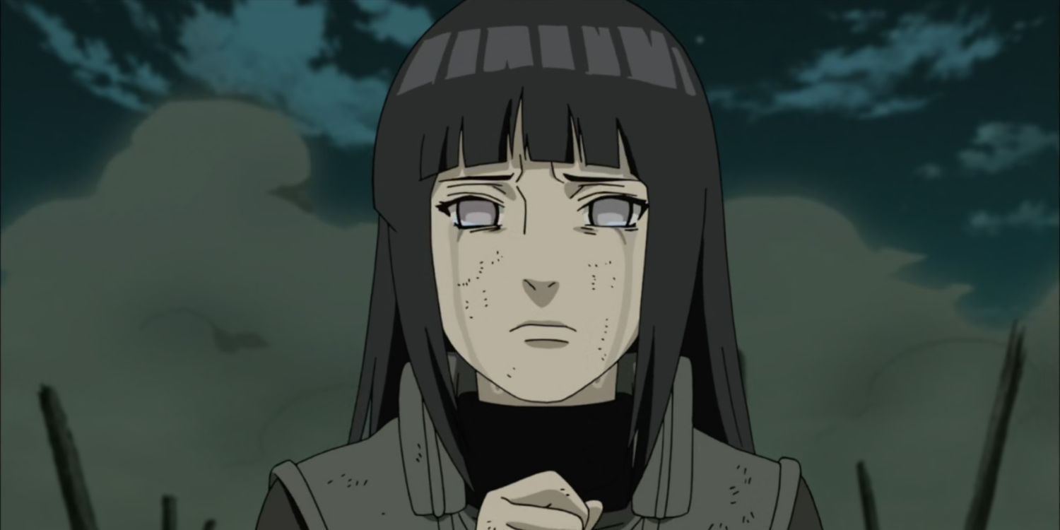 Hinata Hyuga crying with a cloud of dust in the background