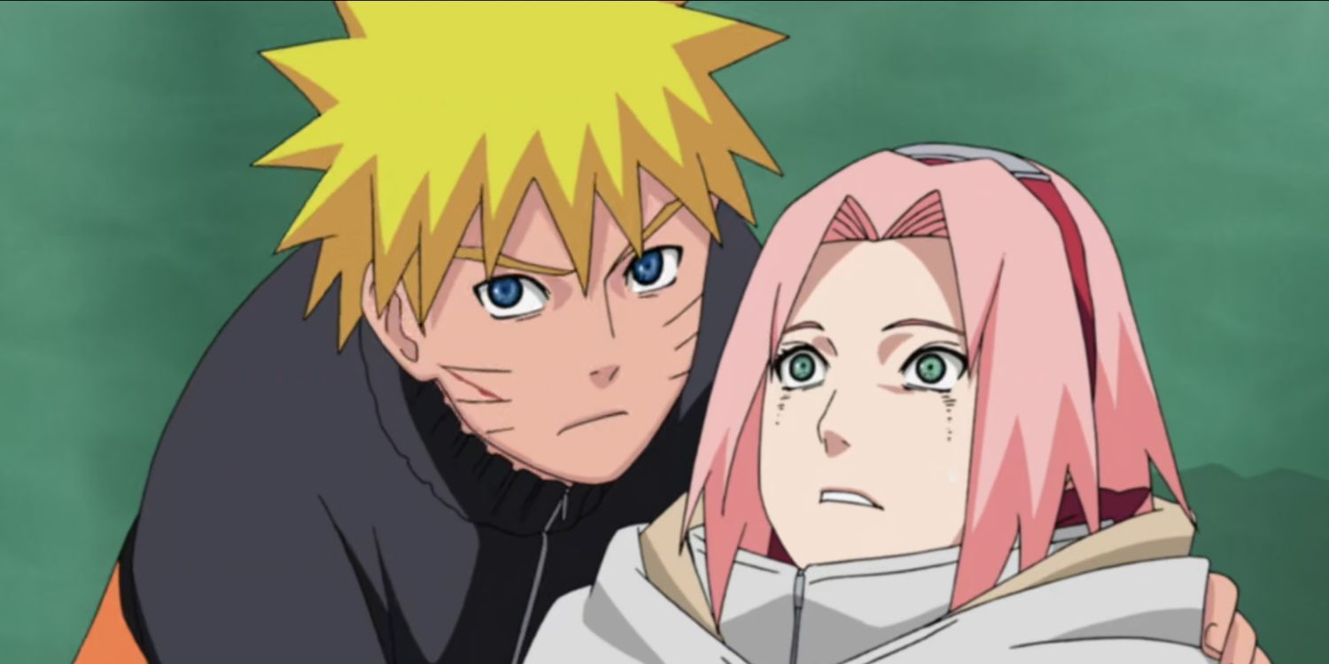 Naruto protects Sakura in Naruto: Shippuden.
