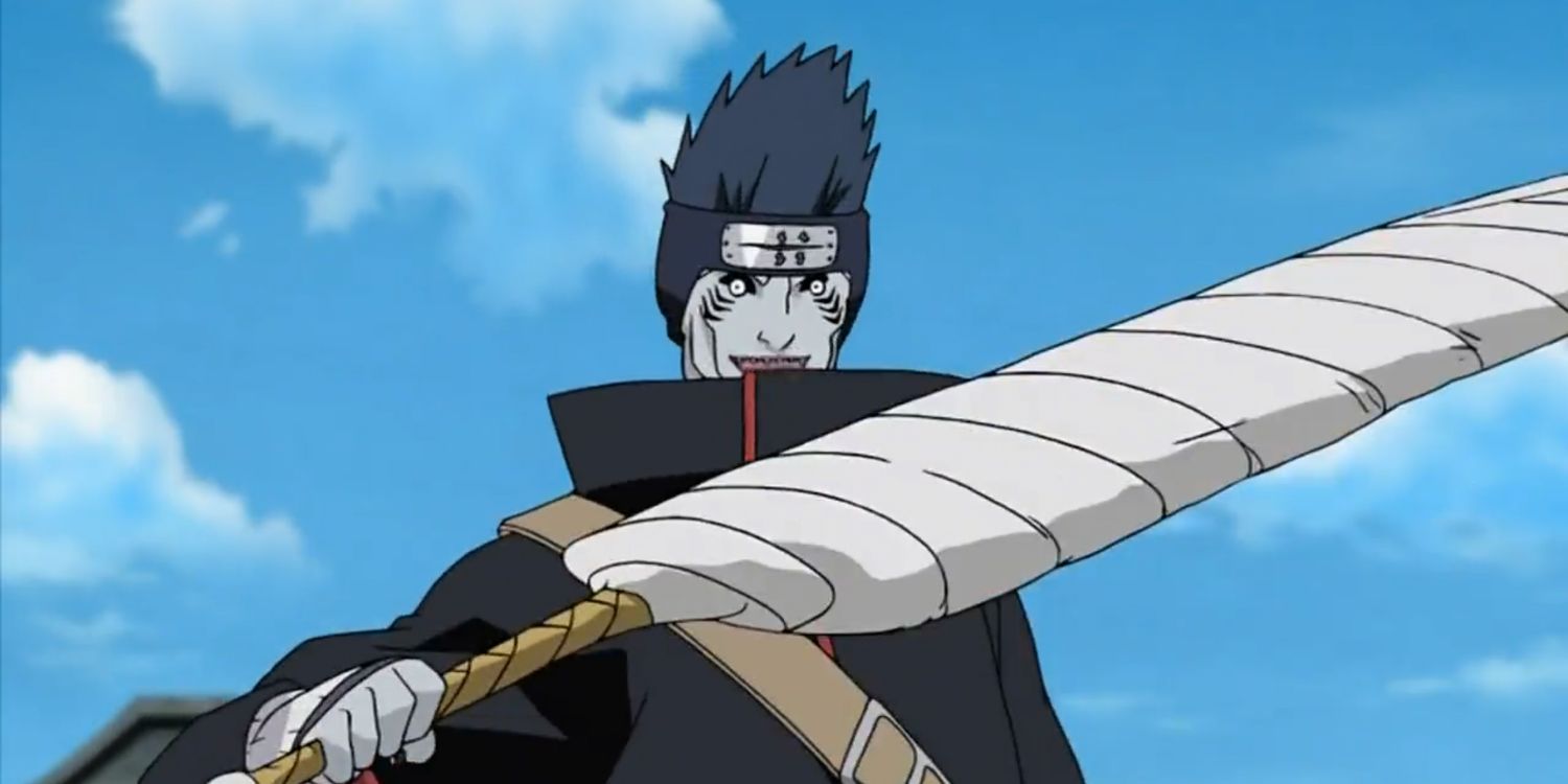 Kisame fighting team Guy with shark blade samehada in Naruto.