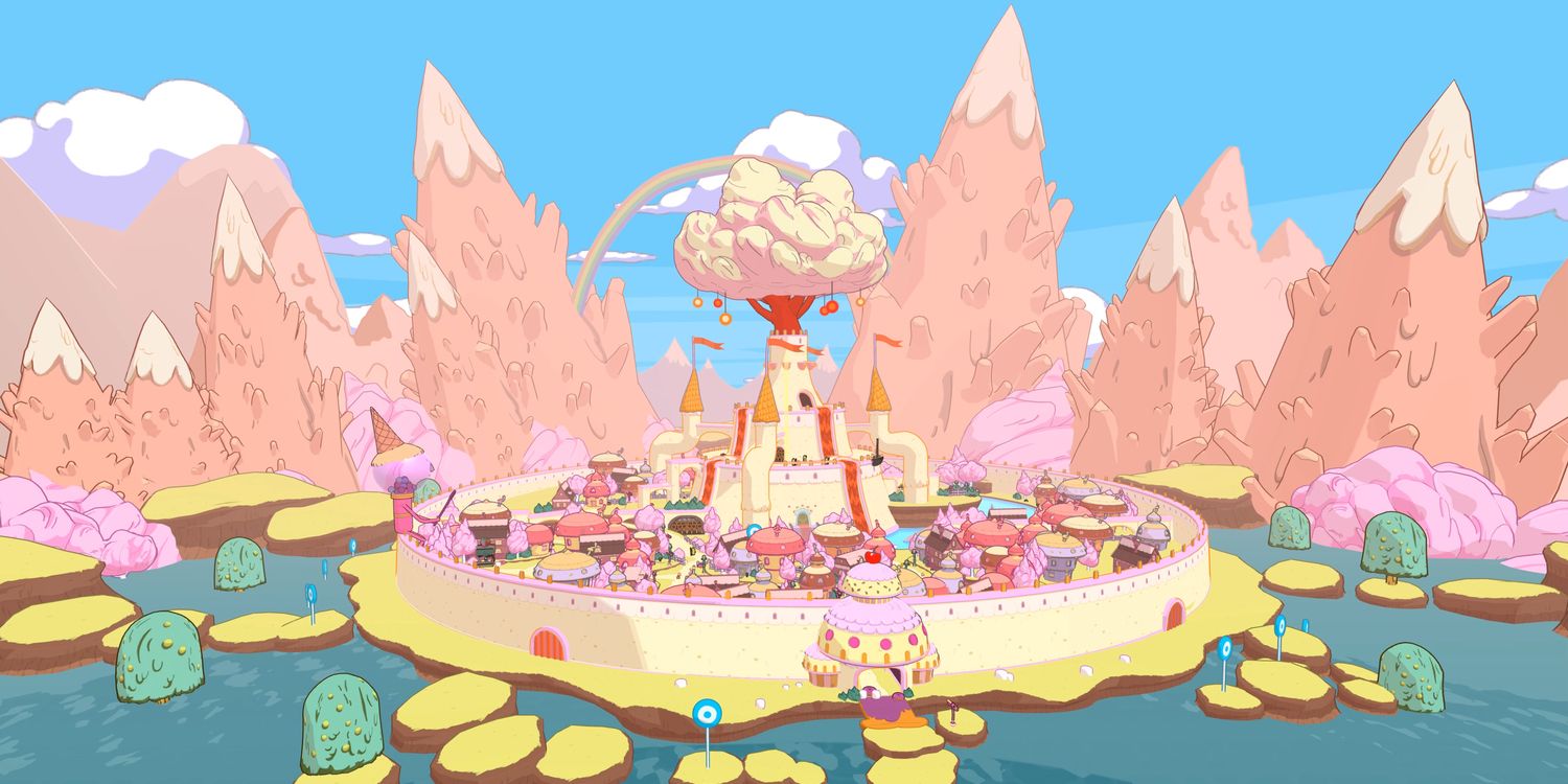 A multicolored landscape made up of candy, with a small city in the center of a lake.