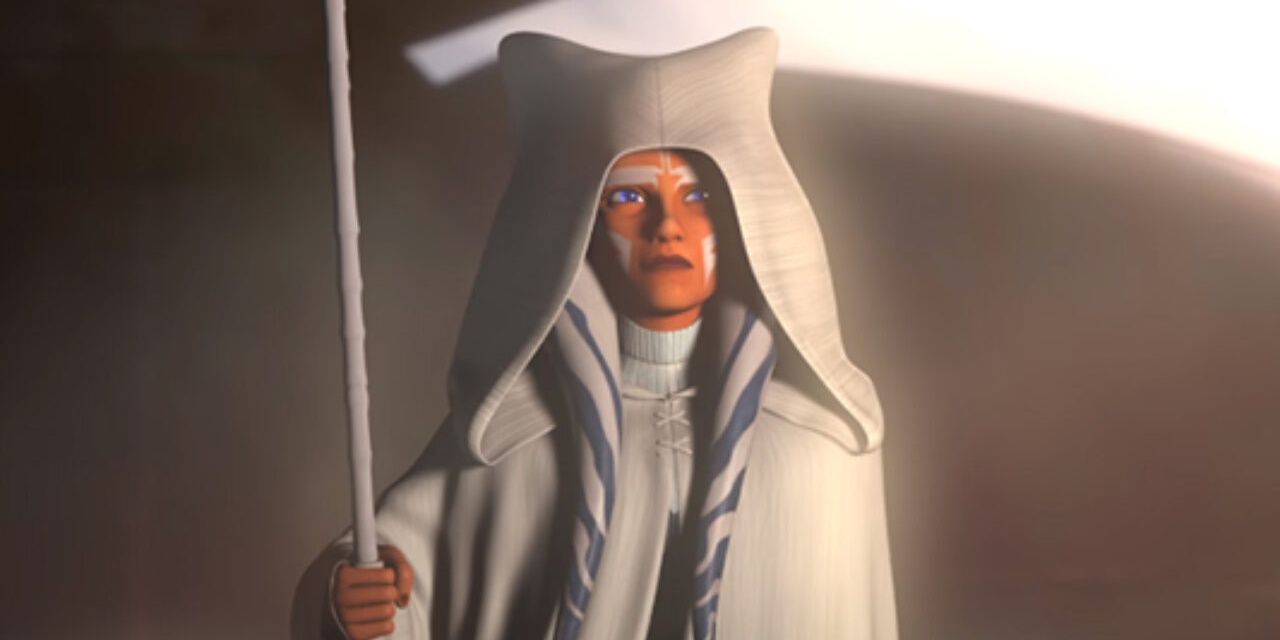 Ahsoka Tano wearing white robes during last episode of Rebels.
