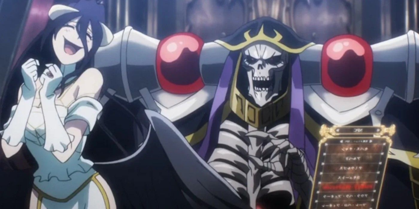 Anime Ainz and Albedo in the throne room happy in Overlord.