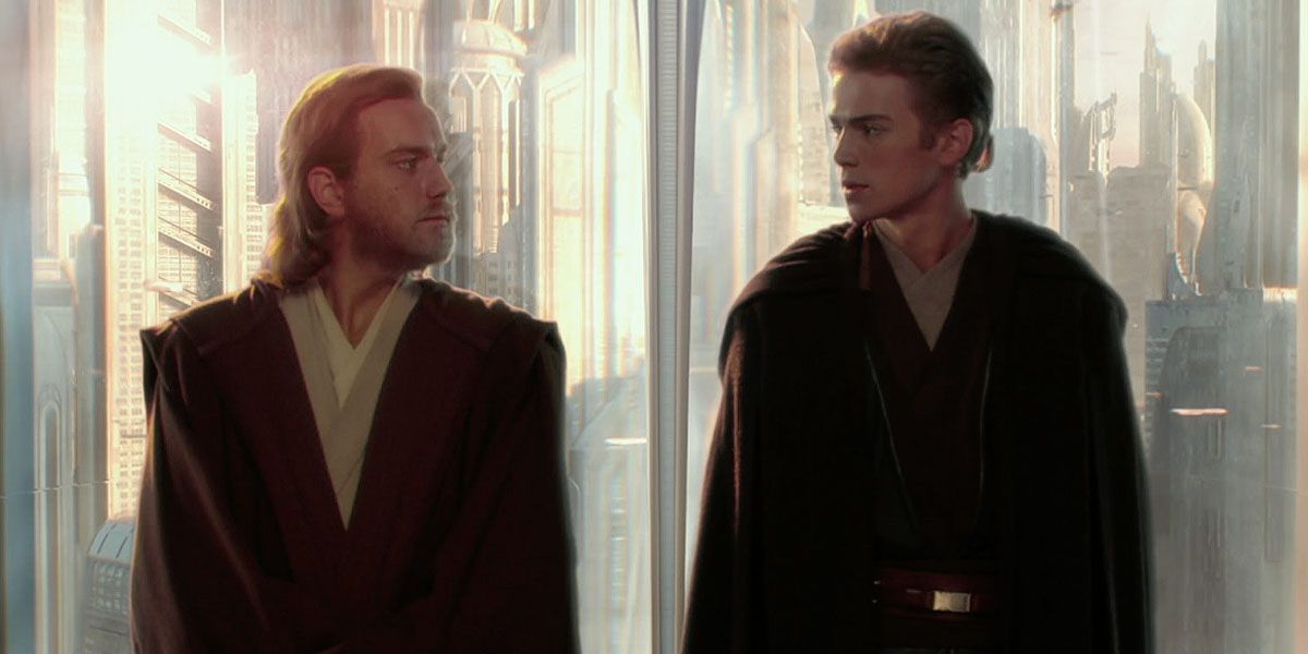 Anakin and Obi-Wan ride in an elevator in Star Wars: Attack of the Clones.