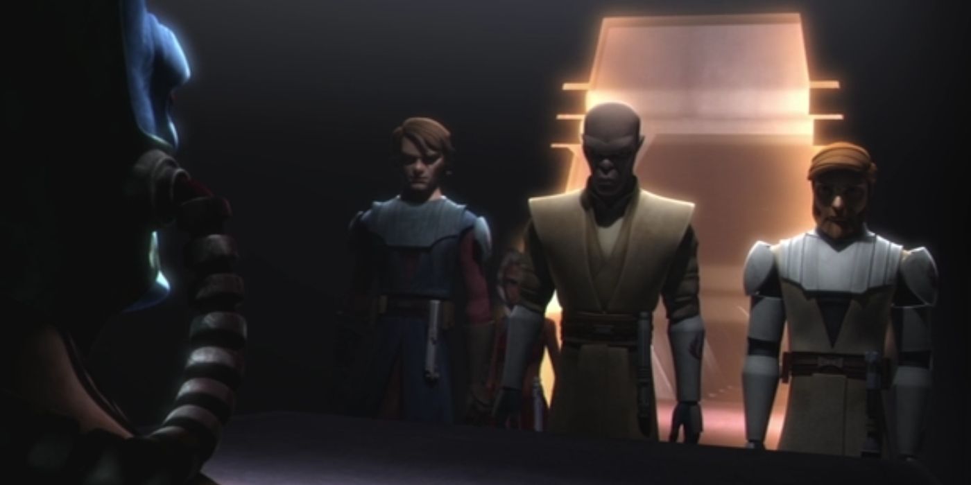 Anakin Skywalker, Mace Windu and Obi-Wan Kenobi begin their combined interrogation of Cad Bane.