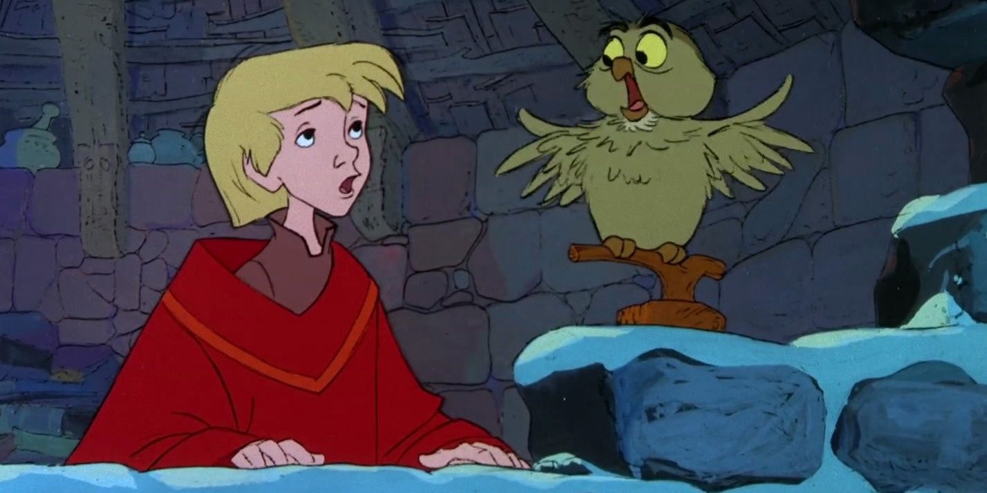 Arthur talking to an owl in The Sword in the Stone