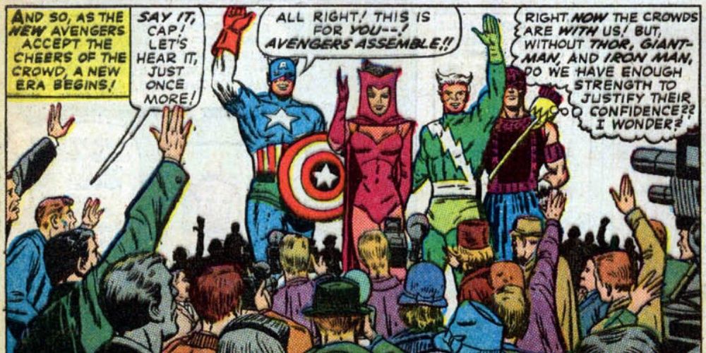 Captain America, Quicksilver, Hawkeye and the Scarlet Witch in Avengers #16.