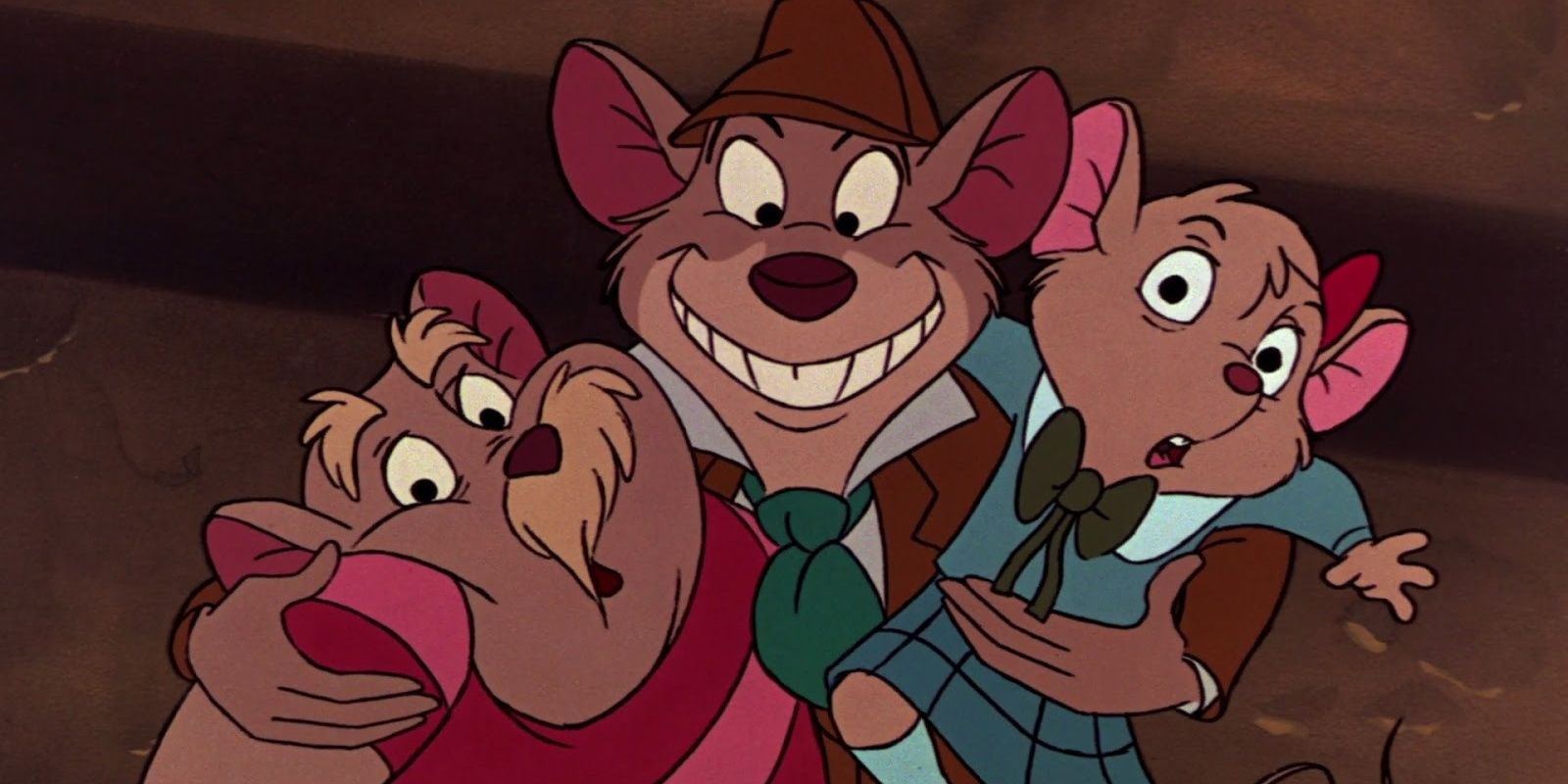 Basil hugging Dawson and Olivia enthusiastically in The Great Mouse Detective