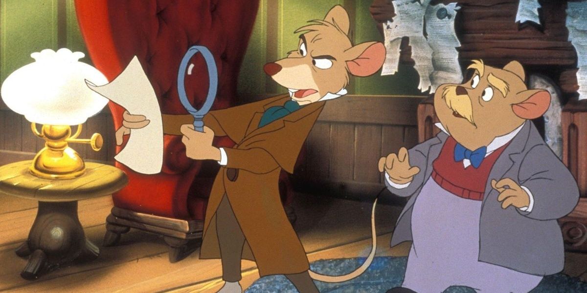 Basil using a magnifying glass on a paper as Dawson watches him in The Great Mouse Detective.