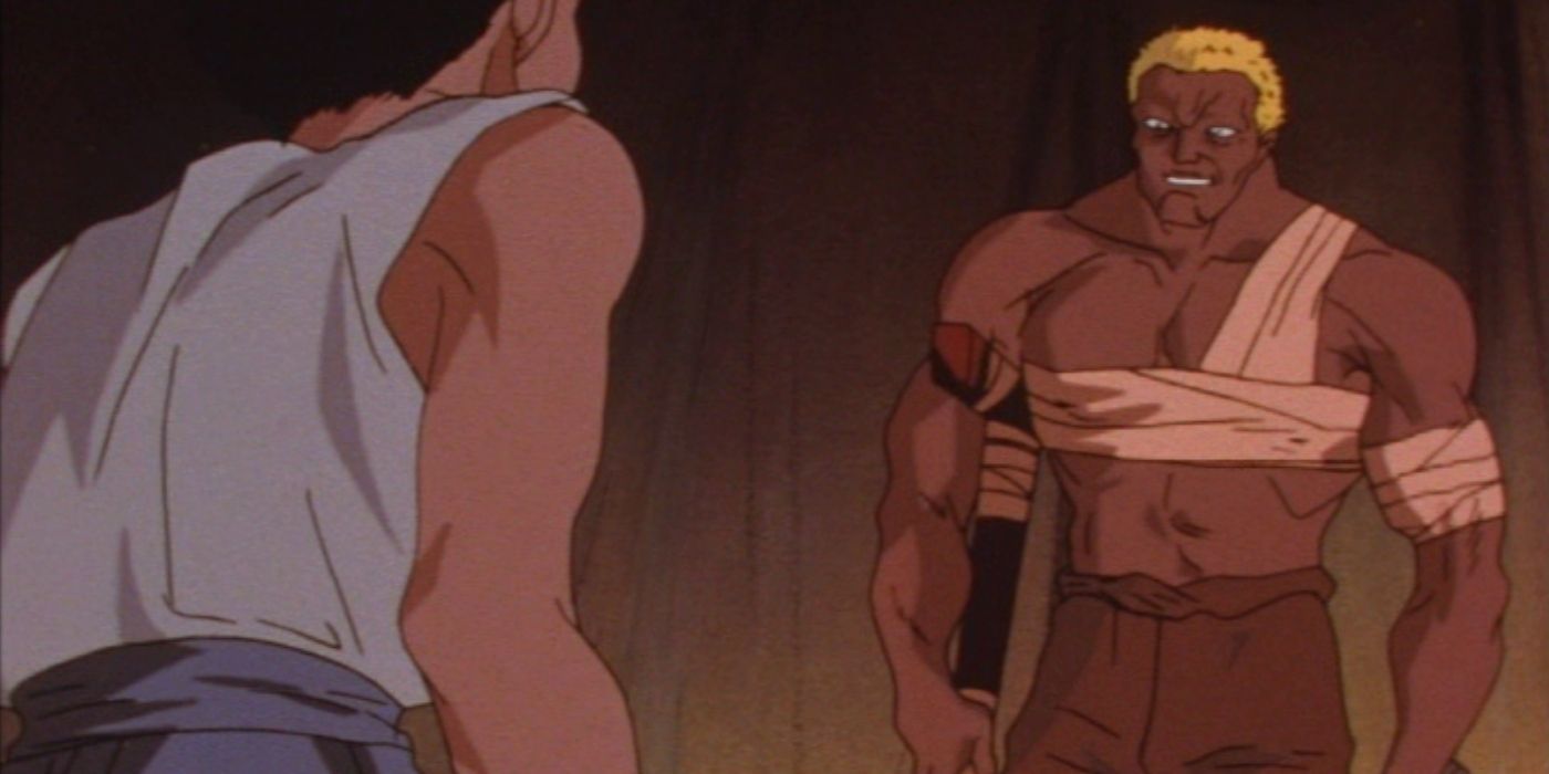 Berserk's main character, Guts, standing off against his father figure, Gambino