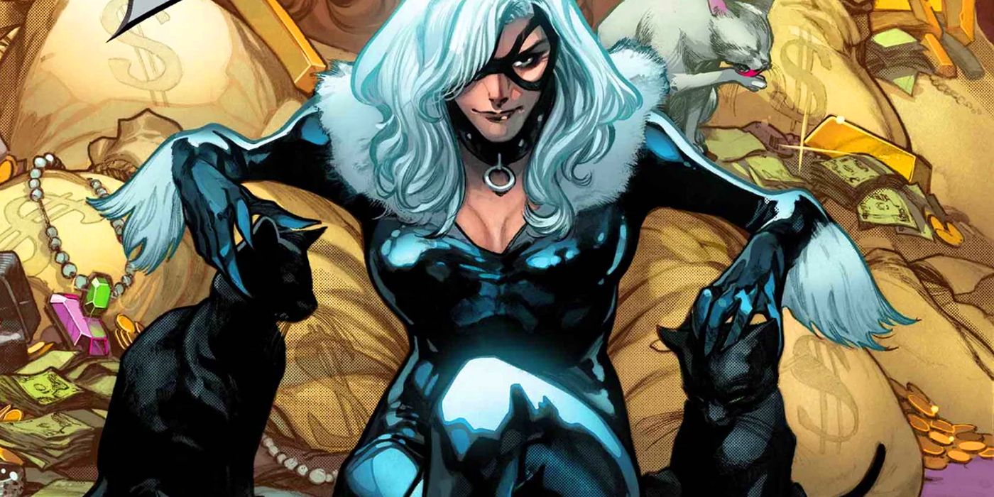 An image of Black Cat reclining against bags of stolen jewels and petting her two black cats