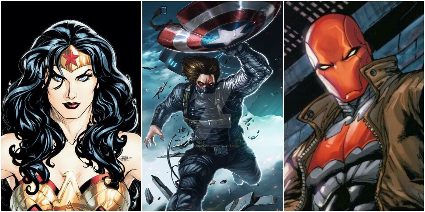 a split image with wonder woman on the left, bucky barnes in the middle, and jason todd on the right