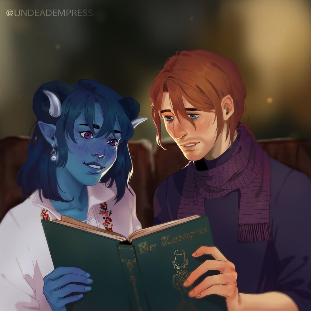 Caleb reading The Cat Prince to Jester on Critical Role.