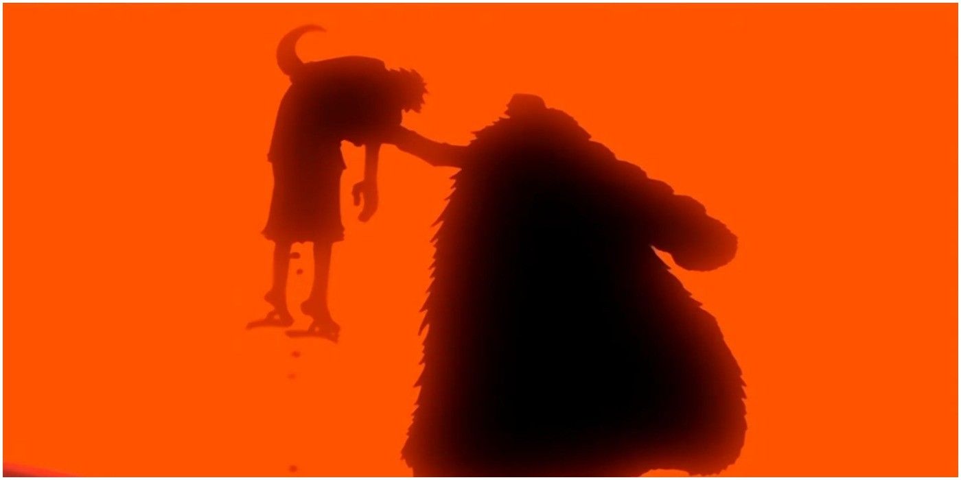 A silhouette shows Luffy impaled on Crocodile's hook