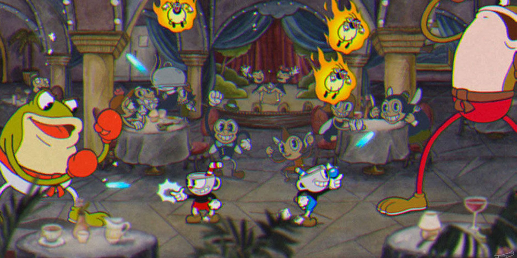 Cuphead And Mughead Fighting Boxing Toads In A Restaurant 