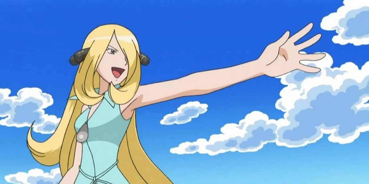 Cynthia holds out her arm in the Pokemon anime