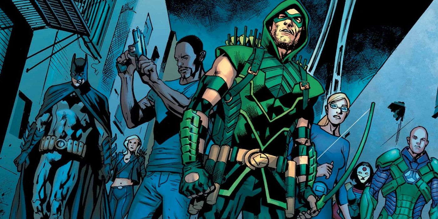 A legion of DC heroes, with Green Arrow at the forefront