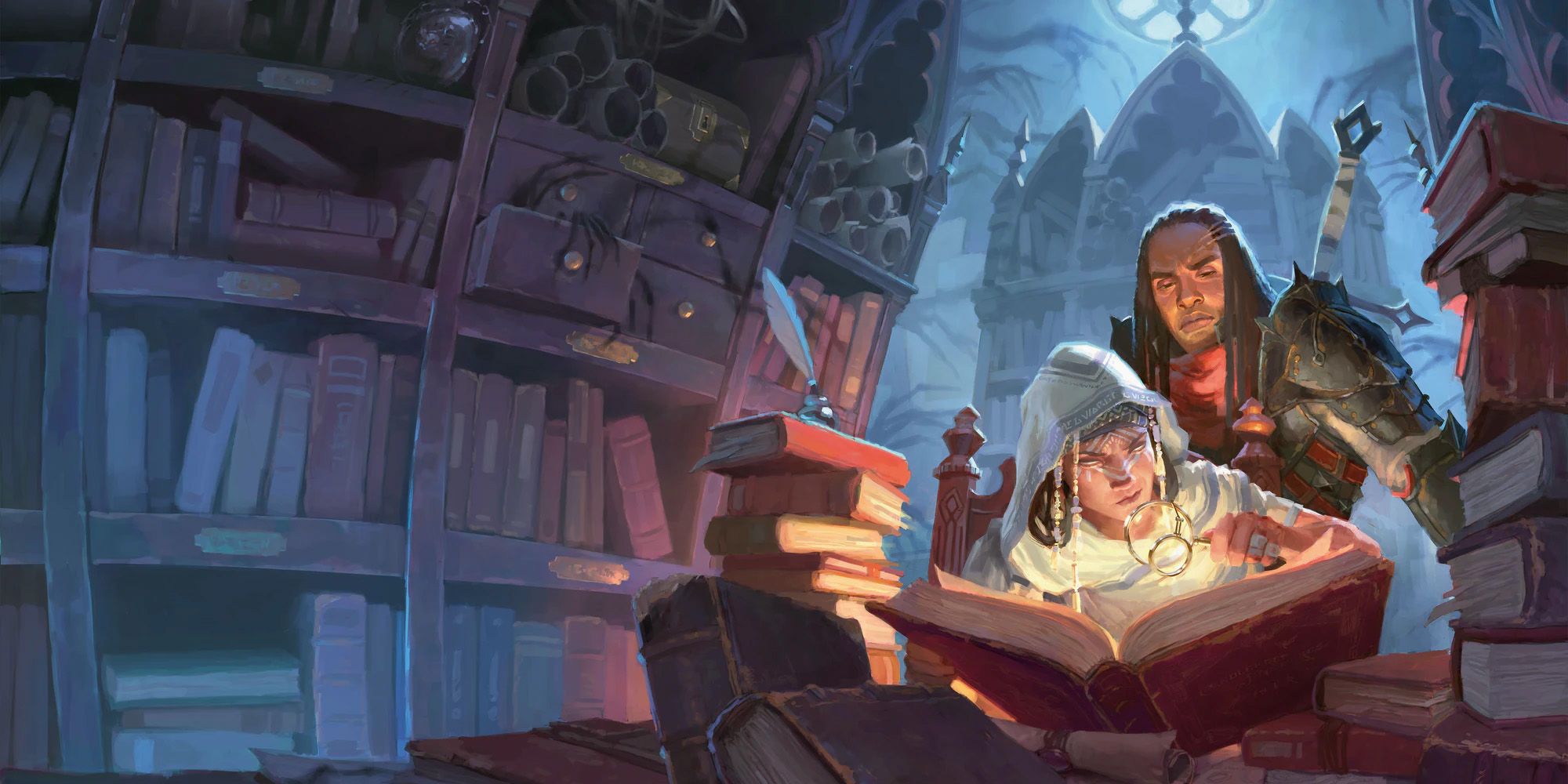 Two scholars studying a book in Candlekeep Mysteries premade DnD campaign